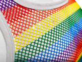 Rainbow stripe fine mesh tank featuring a rainbow-colored mesh top with white trim and breathable fabric details