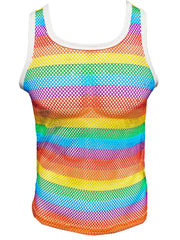 Rainbow stripe fine mesh tank top featuring white trim and a breathable rainbow-striped mesh fabric design