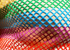 A vibrant rainbow stripe fine mesh tank featuring colorful diamond-shaped pattern mesh netting
