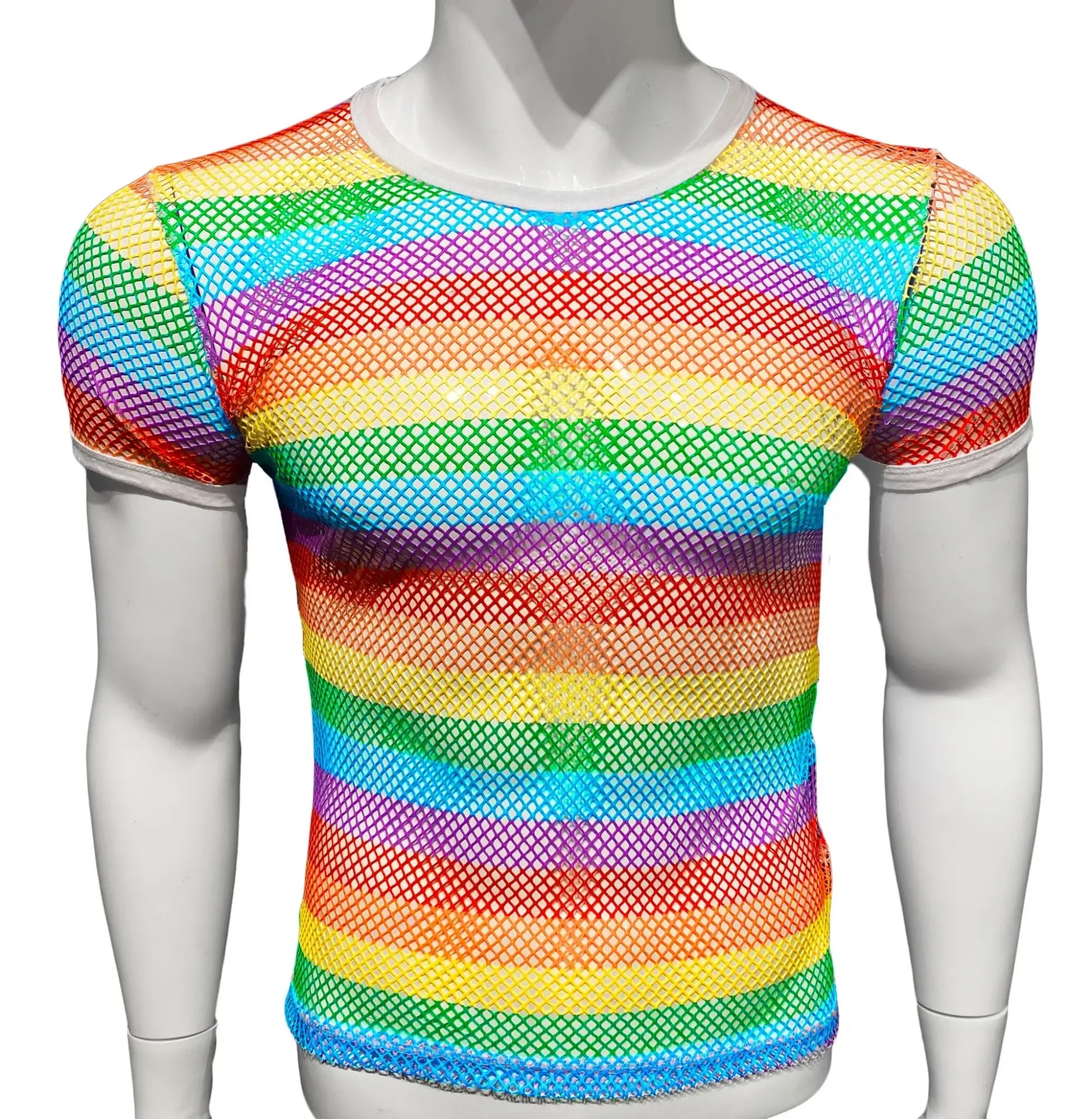 Rainbow stripe fine mesh tee short sleeve top with round neckline in vibrant rainbow colors and breathable mesh fabric
