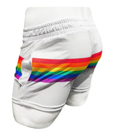 White mesh athletic shorts with vibrant rainbow stripe across the back for sporty casual wear