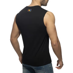 Black sleeveless rainbow tape tank top showing back with colorful logo patch on upper back for casual wear