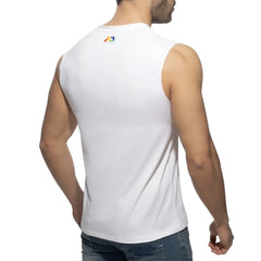 Back side of white sleeveless rainbow tape tank top with small rainbow logo on the back collar