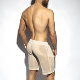 Beige raw crochet bermudas mesh shorts with solid waistband and side pockets for casual wear