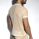 Beige raw crochet t shirt with mesh short sleeves round neckline and solid ribbed cuffs