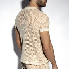 Beige raw crochet t shirt with mesh short sleeves round neckline and solid ribbed cuffs