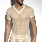 Beige raw crochet t-shirt with mesh v-neck and short sleeves featuring solid trim for casual wear