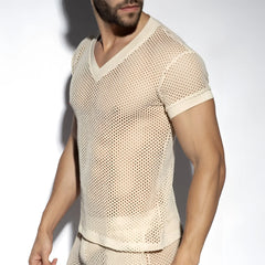 Beige raw crochet t shirt with mesh v neck short sleeves and subtle textured pattern
