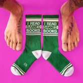 Green ribbed crew socks with white accents and black i read banned books text featuring reinforced toe caps