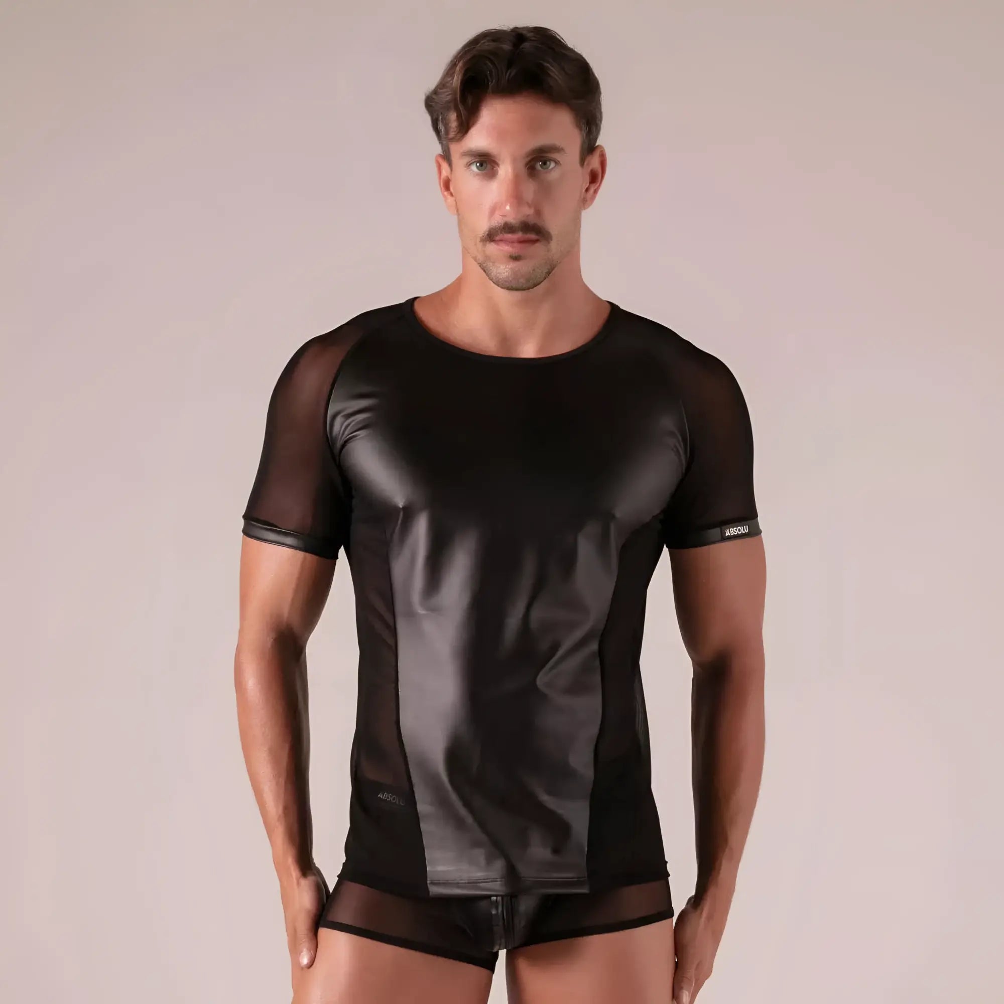 Black mesh and faux leather rebel t shirt with short sleeves and sleek modern design
