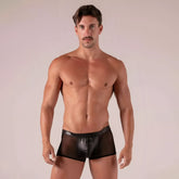 Black sheer mesh rebel zipped trunks briefs with glossy faux leather front panel and zipper detail