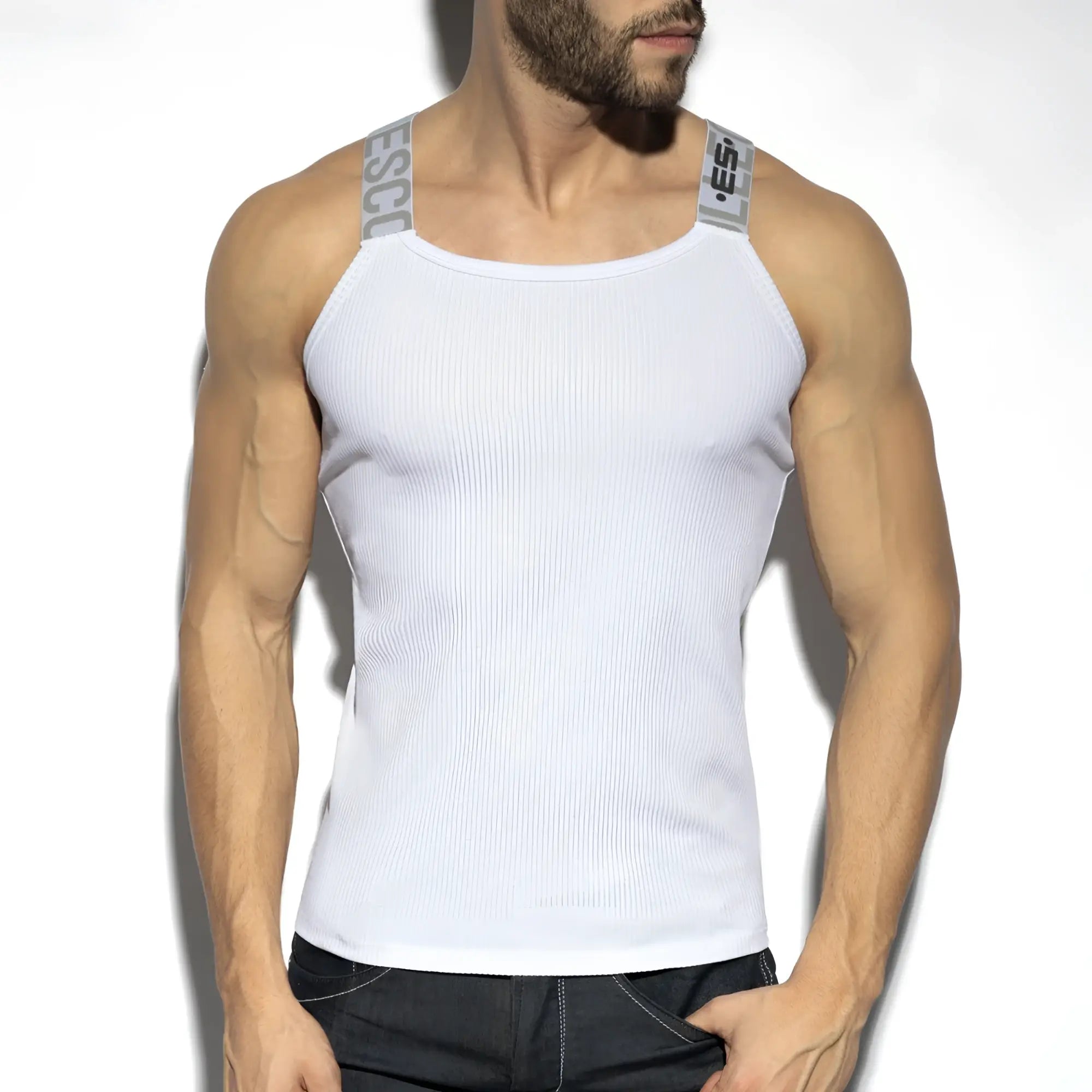 White recycled rib tank top with gray branded shoulder straps made from sustainable materials