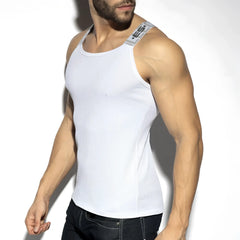 White recycled rib tank top with gray branded strap featuring a ribbed texture and eco-friendly material