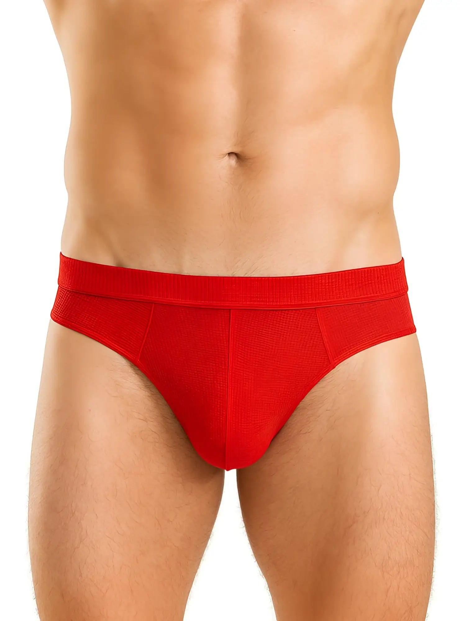 Red relax jockstrap with red textured briefs and ribbed waistband for comfortable support