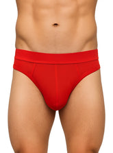 Red relax thong men’s briefs with a snug form-fitting design and elastic waistband shown from the front