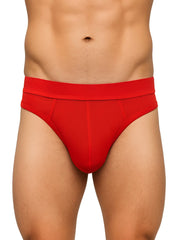 Red relax thong men’s briefs with a snug form-fitting design and elastic waistband shown from the front