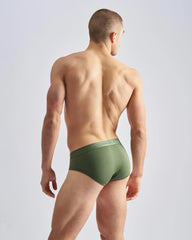Olive green cotton reign brief with a subtle brand logo on the waistband front view