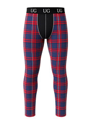 Relax contrast leggings featuring red and navy blue plaid pattern with black waistband and ug logo for casual wear