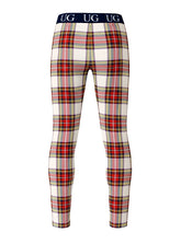 Relax contrast leggings featuring red white and yellow plaid with a navy blue waistband and ug logo front view