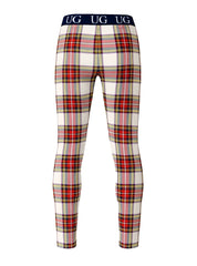 Relax contrast leggings featuring red white and yellow plaid with a navy blue waistband and ug logo front view