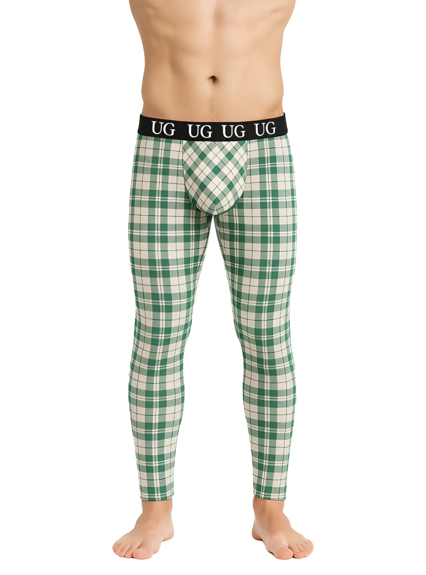 Green and white plaid patterned ug underwear with black waistband featuring logo designed for comfort and relaxation