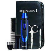 Remington 3-in-1 blue and black nose hair trimmer with textured grip and metallic tip for nose ear and face grooming