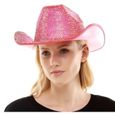 Rhinestone cowboy hat in pink glitter with mesh texture and soft pink inner lining for stylish wear
