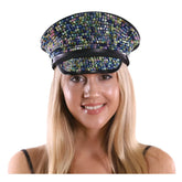 A black rhinestone festival hat covered with multicolored blue green and purple rhinestones