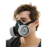 Black rhinestone gas mask featuring sparkling filters and facepiece for stylish protective use