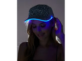 A sparkling black rhinestone light up cap with glowing blue led trim for stylish nighttime wear