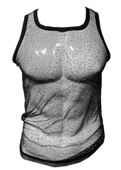 Black mesh tank top with sheer embroidered muscular torso design and sparkling rhinestones rhinestone mesh tank top