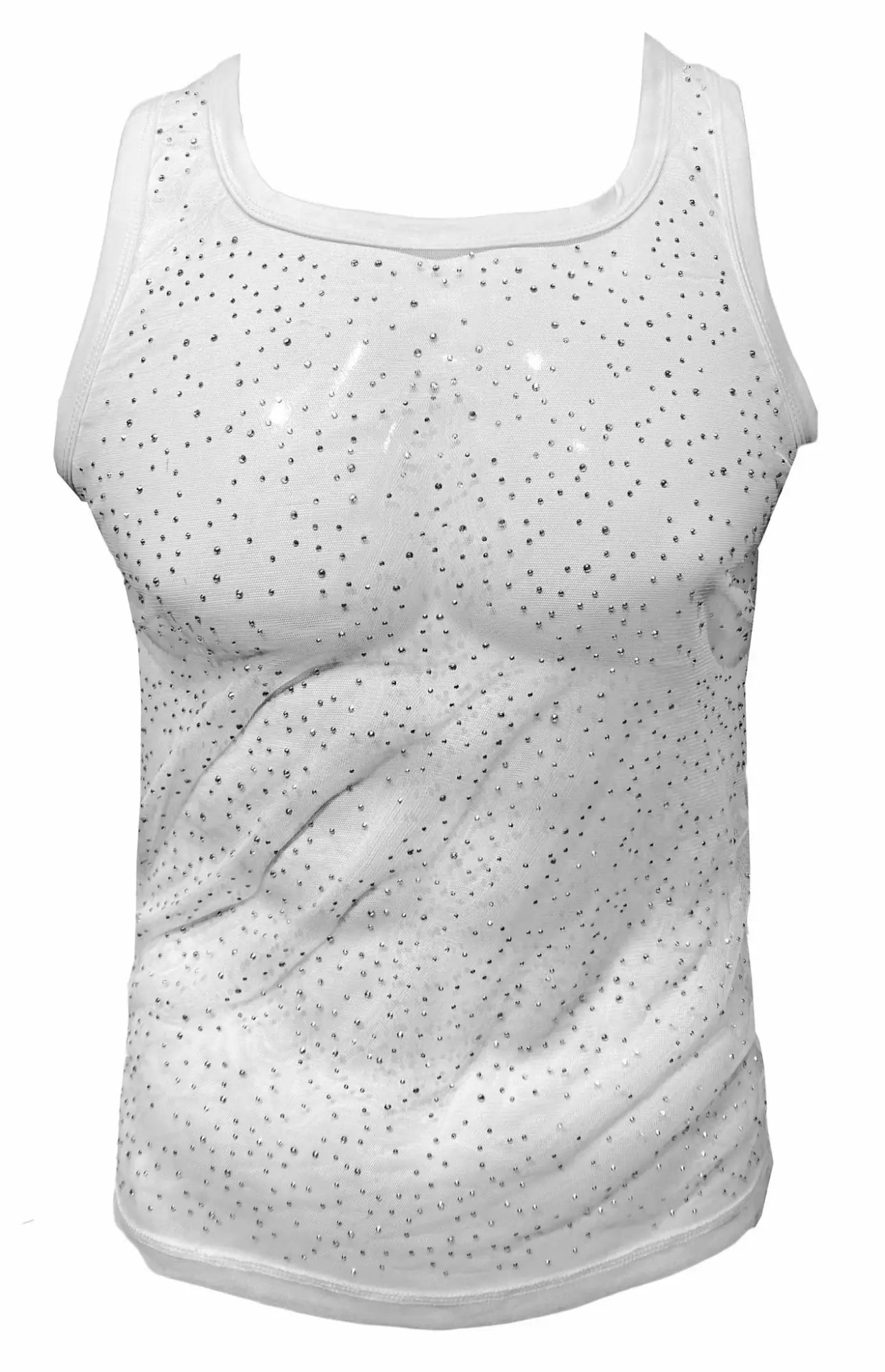 White tank top featuring a sheer glittery mesh overlay with small silver rhinestones for a stylish look