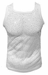 White tank top featuring a sheer glittery mesh overlay with small silver rhinestones for a stylish look