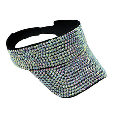 A black rhinestone visor decorated with dense iridescent rhinestones in silver and purple shades
