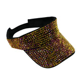 Rhinestone visor in shimmering gold and purple with black fabric strap available in five colors