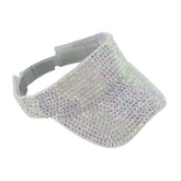 A shimmering white rhinestone visor densely covered with sparkling rhinestones available in 5 colors