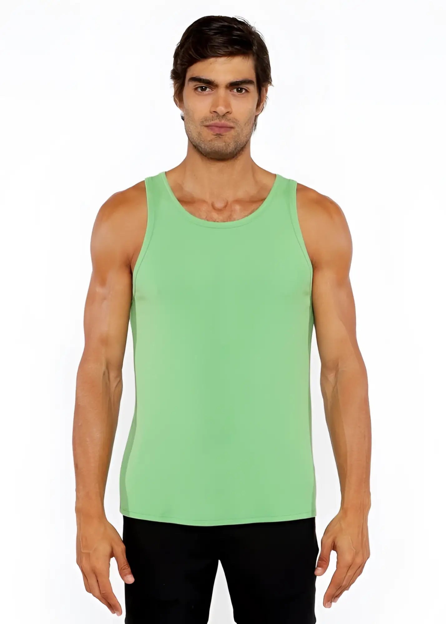 A solid light green rib modal tank top with sleeveless design and round neckline for casual wear