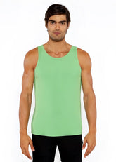 A solid light green rib modal tank top with sleeveless design and round neckline for casual wear