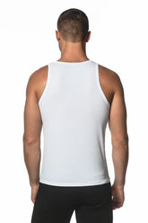 White sleeveless rib modal tank top with smooth form-fitting fabric ideal for athletic wear