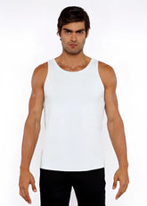 White rib modal tank with sleeveless design round neckline and relaxed fit for comfortable wear