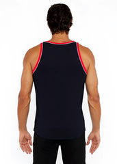 Black rib stretch ringer tank with red and white piping detail along neckline and armholes