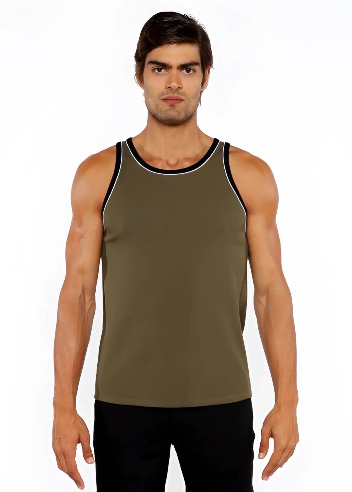 Olive green rib stretch ringer tank top with black and white piping detail for casual wear