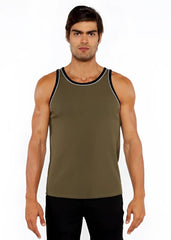 Olive green rib stretch ringer tank top with black and white piping detail for casual wear