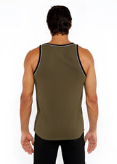 Olive green rib stretch ringer tank top with black and white piping detail along neckline and armholes