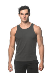 Dark gray rib stretch tencel cotton tank top with a simple fitted sleeveless design for casual wear