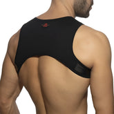 Black back support garment from ring plan harness with sleek form-fitting design and adjustable straps shown from back side