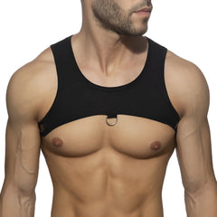 Black sleeveless ring plan harness top with silver metal ring detail at center front for edgy fashion looks