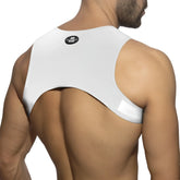 White ad fetish ring plan harness athletic top with sleek form-fitting design and smooth fabric front view