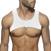 White sleeveless top ring plan harness with central metal ring at chest for stylish casual wear
