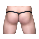 Black ring thong made of smooth stretchy fabric with a thin waistband and minimal coverage shown from the back